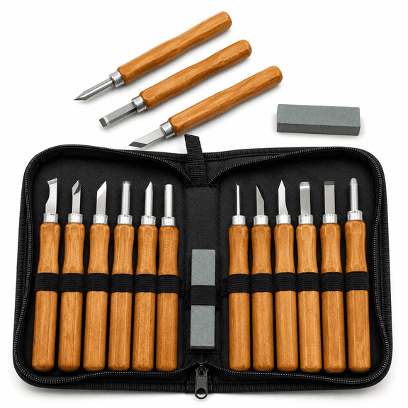 PurePick Wood Carving Tool Set, 12-Piece Wood Chisel Kit with Carbon Steel Blades, Storage Case and Whetstone
