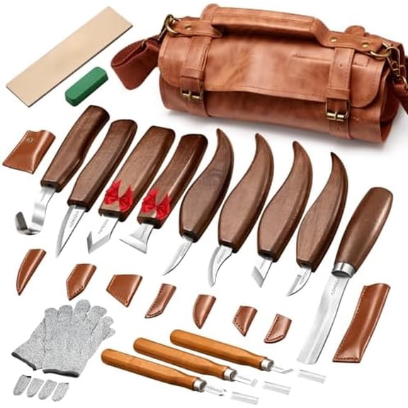 Wood Carving Kit, 17Pcs Wood Carving Tools, Professional Whittling Knife Set, Wooden Hand Knives with Sheath & Deluxe Leather Roll Bag for Beginners Adults & Starter Woodworking$$Art & Craft