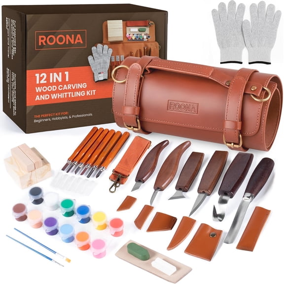 Wood Carving Kit, 24Pcs with Carving Knives, Chisel Set, Leather Strop, Sharpening Compound with Polisher, Gloves, Paint Set & Basswood Blocks Whittling Knife Set with Rolling PU Leather Case
