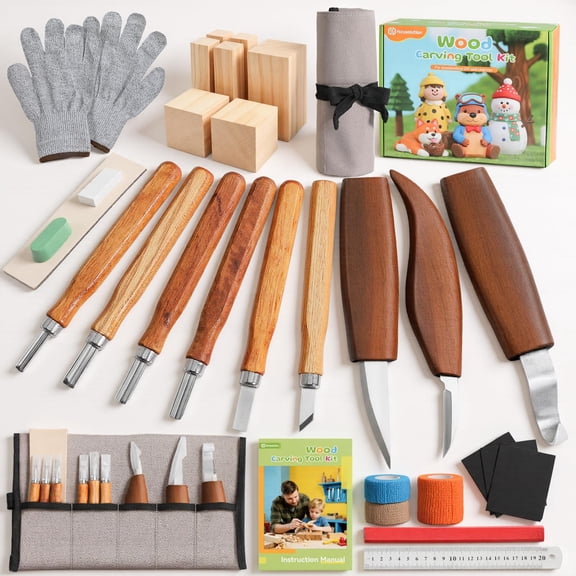 Wood Carving Kit with Carrying Bag, 30PCS Wood Carving Tools Whittling Kit Includes Carving Knives Carving Chisels Basswood Blocks Gloves for Beginners DIY Hobbies, Gray
