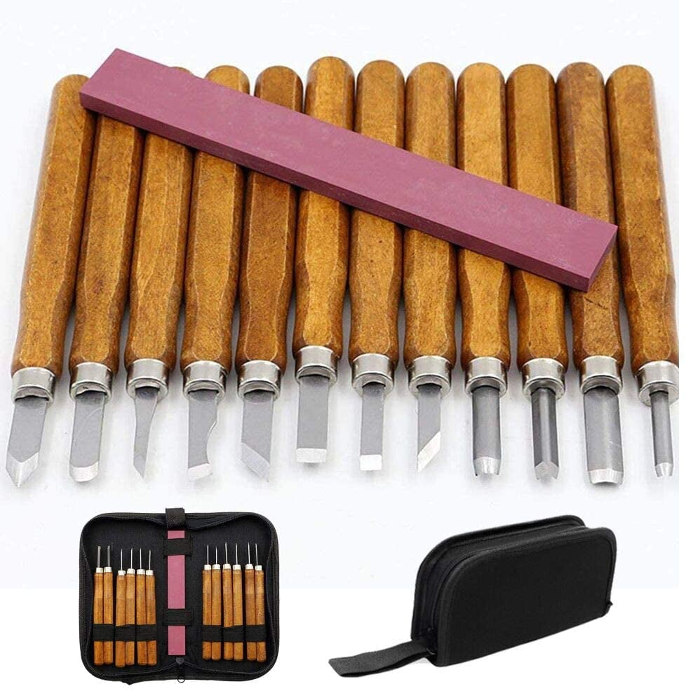 Wood Carving Kit, Wood Carving Set - Wood Carving Tools of 12 Wood Chisels  with Canvas Case 