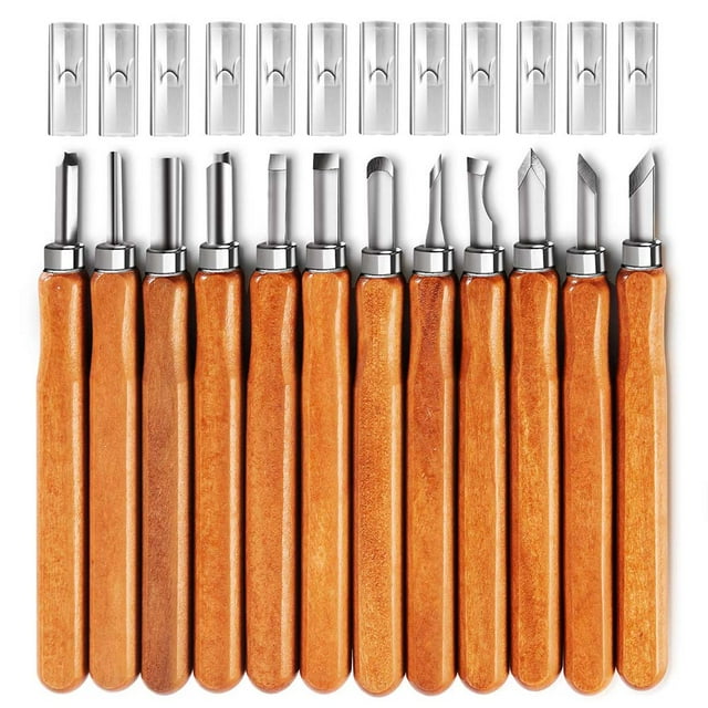 Wood Carving Tools, 12 Set SK5 Carbon Steel Beech Gourd Handle Carving Knife Kits with Leather