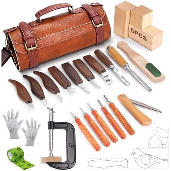 Wood Carving Tools, 27Pcs Wood Carving Kit with Leather Storage Bag,14Pcs Whittling Knives,Folding Saw ,Bench Vise,Leather Strop Biock and 6pcs wood Block,Whittling kit for Beginners and Enthusiasts