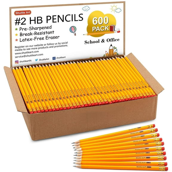 Wood-Cased #2 HB Pencils, Shuttle Art 600 Pack Sharpened Yellow Pencils with Erasers, Bulk Pack Graphite Pencils for Writhing, Drawing and Sketching