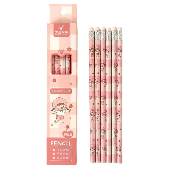 Wood Cased Pencils with Eraser Tops, Cute Printed Cartoon Pencils for Writing and Sketching, 10 Pack, Flower Girl