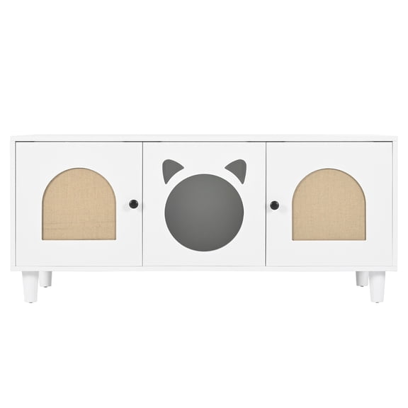 Wood Cat Cabinet with Sisal Scratcher & Litter Box Enclosure Cream White