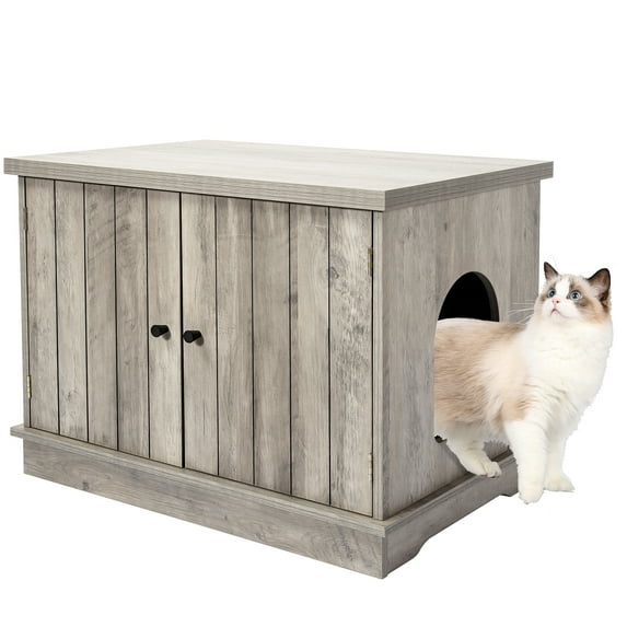 Wood Cat Litter Box Enclosur, Rectangle Hidden Pet Cat Washroom Bench, Gray