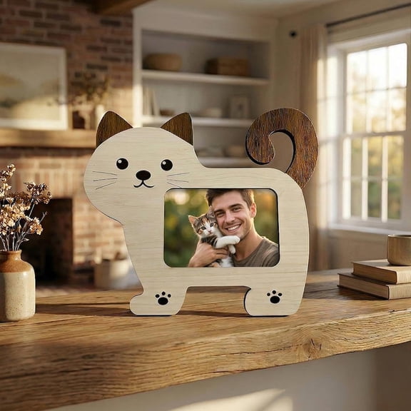 Wood Cat Shaped Pet Photo Frame, 9.84" Tabletop Display for 5x3.5 Horizontal Picture, Rustic Animal Holder for Dog Lovers, The Pet Collection(1 PCS)