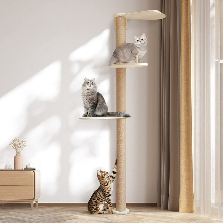 Wood Cat Tower Floor to Ceiling Adjustable Tree Tall Cat Scratching Post Cat Tree with 3 Tier Floor for Climb Cat Climbing Tower Vertical with Natural Sisal Rope Walmart