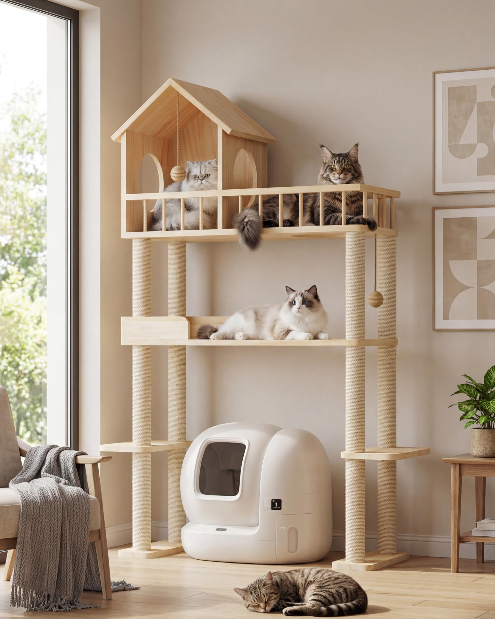 Wood Cat Tower For Automatic Litter Box  60"h Tree With Multi-level Solid Indoor Large Cats Tall Furniture W/cats House Burlywood