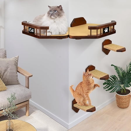 Wood Cat Wall Shelves, Modern and Durable 3 Step Cat Furniture for Wall, Cat Furniture with 2 Perches & 3 Cat staircases, Indoor Climbing Cat Shelf for Living Room, Bedroom