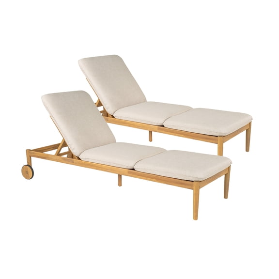 Wood Chaise Lounges Set Of 2 With Smooth Wheels Rounded Edges Plush Cushion For Garden Patio Poolside Easy Assembly