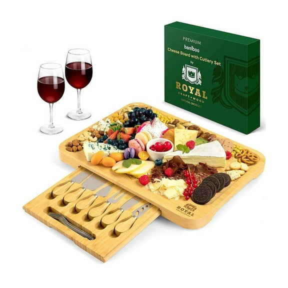Wood Charcuterie Board – Bamboo Cheese Board & Wooden Serving Platter with Cutlery Set