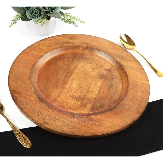 Wood Charger Plate Set of 2 - Rustic Round Dining Platters for Charcuterie, Appetizer & Home Decor - Hardwood Handcrafted 13" (Brown)