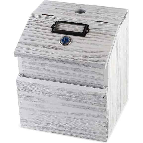 Wood Charity Donation collection Box Office suggestion Ballot Box With wide slot for envelopes and suggestion comment forms, Pocket and Locking Hinged Lid & Pen for Table Or CountertopRustic-White