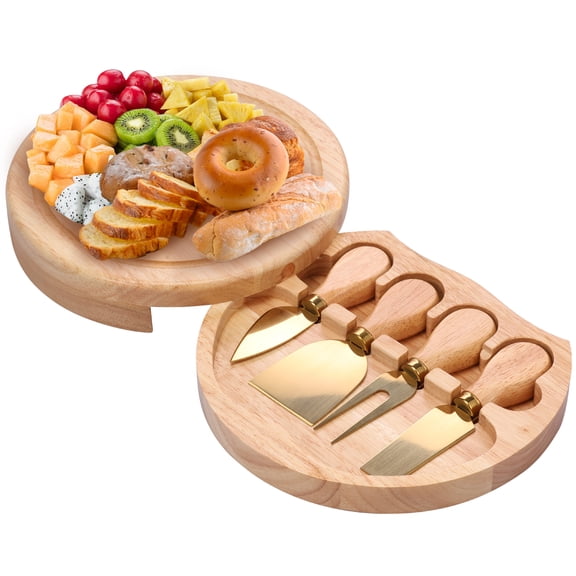 Wood Cheese Board Practical Charcuterie Board with Cheese Cutter and Fork Smooth Cheese Plate Board Round Cheese Serving Tray Elegant Cheese Serving Platter for Home