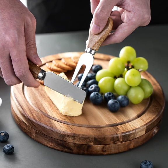 Wood Cheese Board Set with Rotatable Storage, 4 Stainless Steel Cheese Knives, Charcuterie and Serving Platter, Spacious, Durable, Ideal for Parties and Home Entertaining