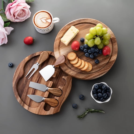 Wood Cheese Board Set with Rotating Tray, Charcuterie and Cheese Serving Platter, Includes 4 Stainless Steel Knives, Wooden Appetizer Tray with Storage, for Party Entertaining and Home Dining