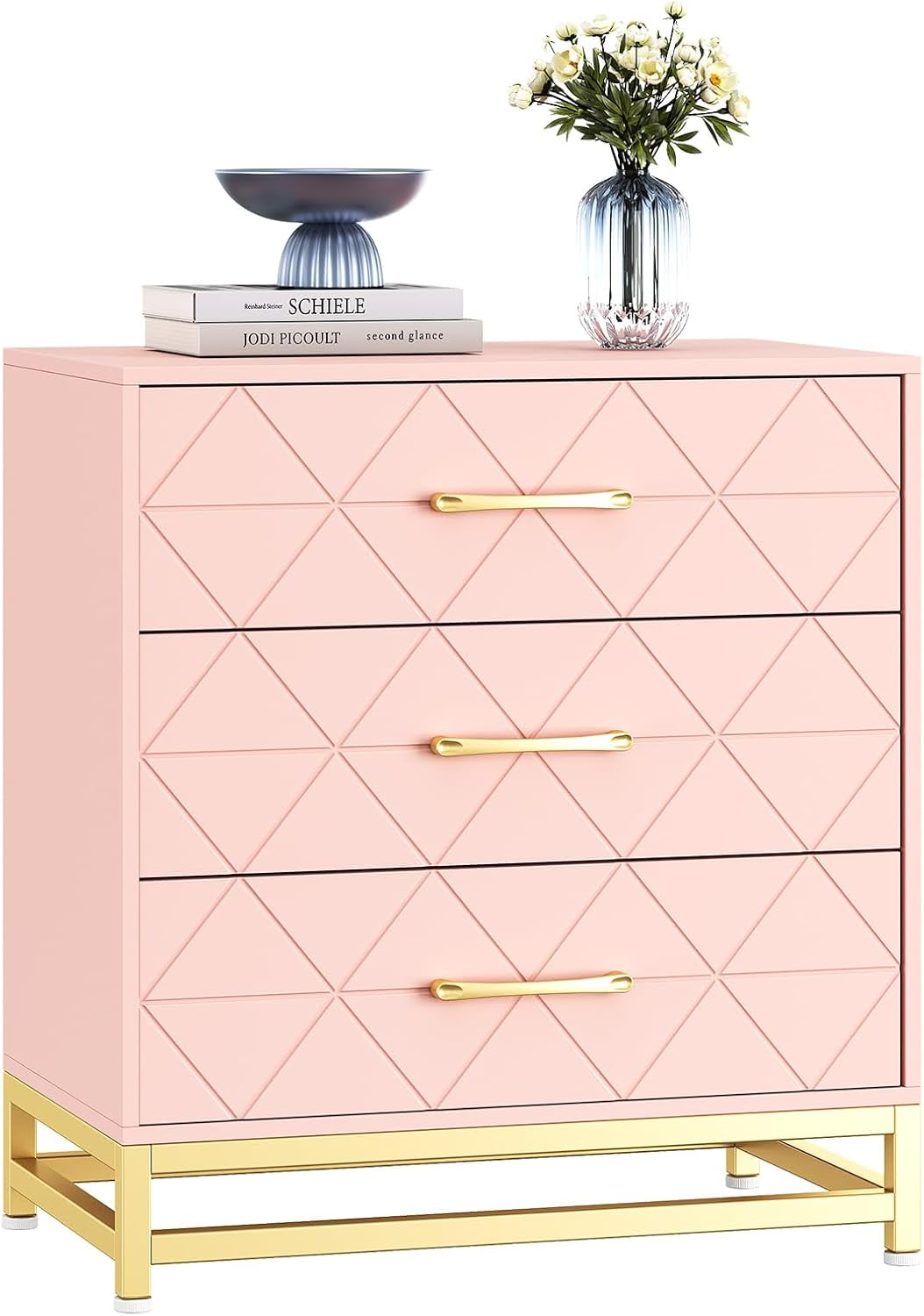 Pink 3-Drawer Wood Dresser with Gold Handles