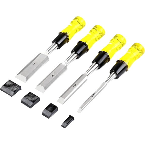 Wood Chisel Sets4-Piece Woodworking Tools Set, CR-V Steel Beveled Edge Blades with Safety Caps. Durable PVC High Impact Handle, for Precision Carving & DIY Projects (1/4", 1/2", 3/4", 1")