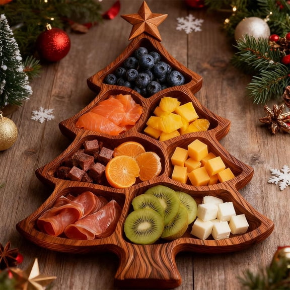 Wood Christmas Tree Tray,Christmas Tree Charcuterie Board with 7 Separator Grid,Xmas Cutting Board Fruit Tray,Wooden Snack Charcuterie Boards for Xmas Veggie Trays Food Cheese