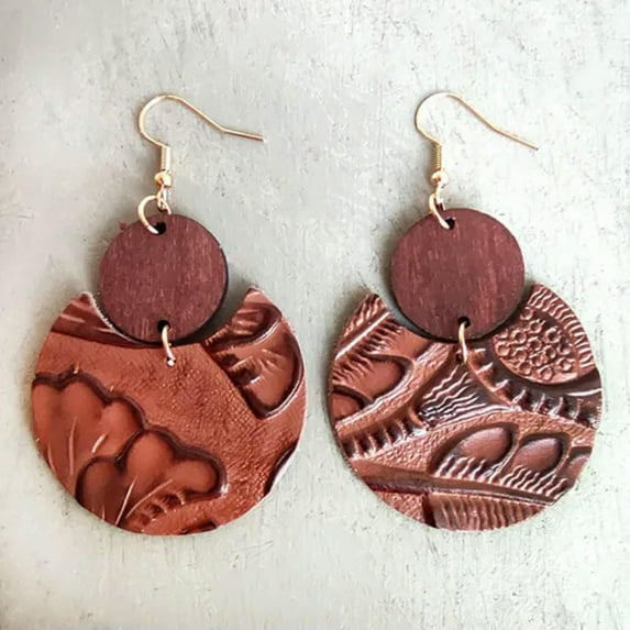 Wood Circle Cutout Cowhide Genuine Leather Statement Earrings Women Fall Jewelry
