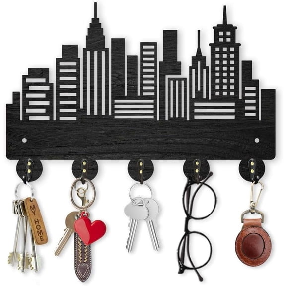Wood City Skyscraper Coat Rack Wall Mount 11.87.9inch Modern City Building Key Holder for Wall 5 Alloy Hooks Wall Art Decor Black Hook Rack for Office Entryway Living Room Gift for DIY