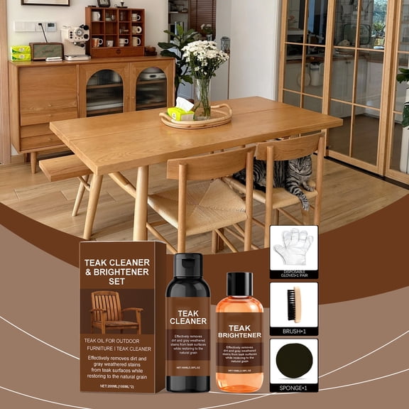 Wood Cleaner, Teak Brightener Set 100ml, Removes Dust Dirt Grime, Enhances Natural Grain Sheen, Protective Finish Layer, Easy-Use Tools, All Wood Types
