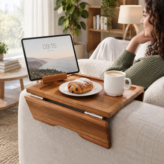 Wood Clip-On Couch Arm Tray Table with Phone and Tablet Holder