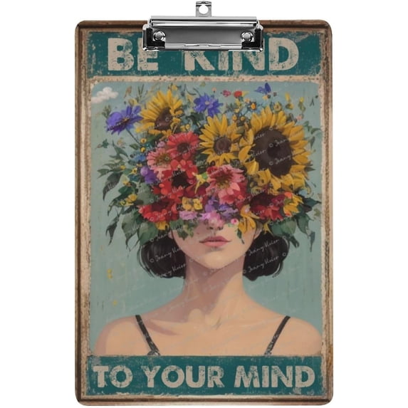 Wood Clipboards with Metal Clip, A4 Letter Size 9"x12.5" Office Decorative Clipboards for Students Women Men, Cute Clipboard Custom Pattern, Be Kind to Your Mind, Inspirational Quote