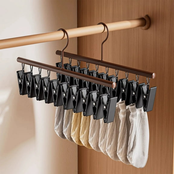 Wood Clothes Drying Rack with 10 Clips | Coffee Color | Non-Slip, Windproof, Space-Saving Hanger for Socks, Underwear, Scarves, Leggings | 14in Sturdy Storage Organizer for Balcony & Home Use
