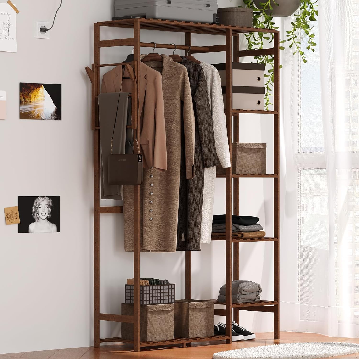 Wood Clothing Racks for Hanging Clothes with Shelves and Rods，Standing ...