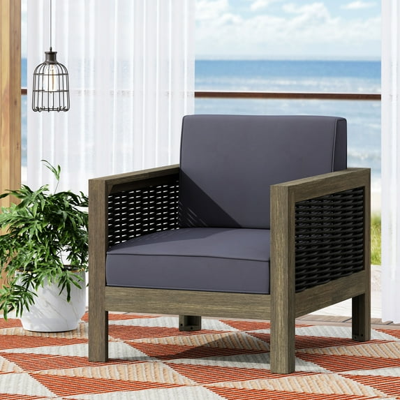 Wood Club Chair With - Gray, Brown. Water- Cushions. 27.5"w X 30.51"d 24.27"h. For Outdoor Patio & Garden. Assembly Required Mixed Gray + Brown Accents. , Water-. 24.27"h 30.51"d. Garden Chair.