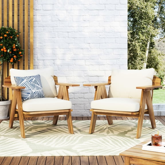 Wood Club Chairs With Cushions ( Of 2), Beige. , Water- Seating, Geometric Shape. 30.05"d X 31.29"w 26"h. Assembly Needed Outdoor (2), Beige And . , Spill- Material, Style. 25.51"h.