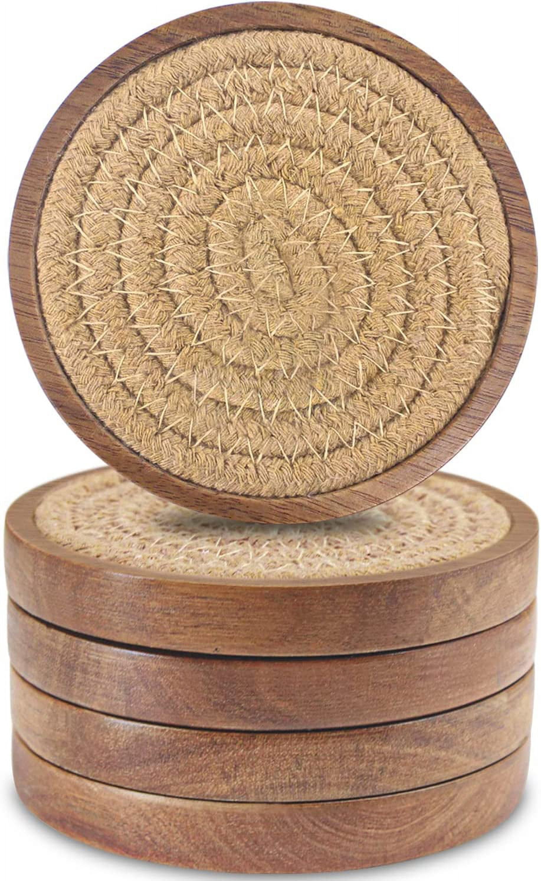 Brown Woven Wood Coasters with Absorbent Insert, 4.3 inches, Set of 5