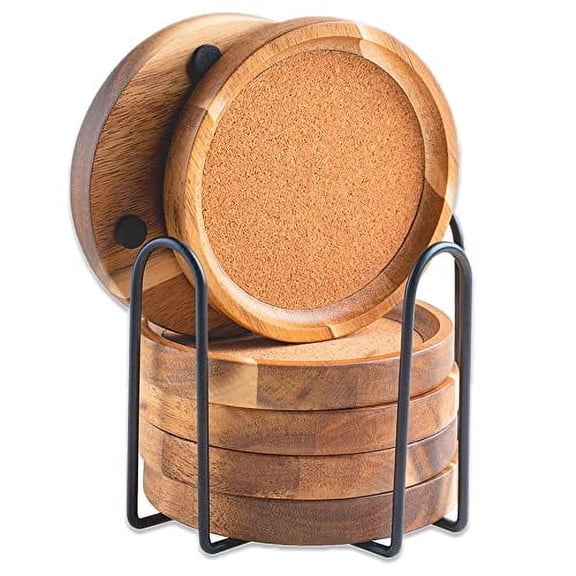 Wood Coasters for Drinks Absorbent with Holder, Acacia Wood Cork Coaster Rustic Coasters for Coffee Table Dining Table Wooden Table Coasters for Farmhouse Desk, Set of 6