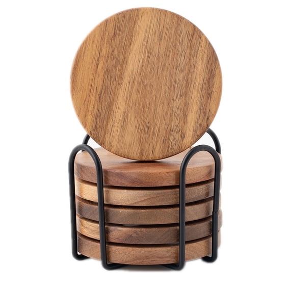Wood Coasters for Drinks Tabletop Protection with Holder Set of 6, Acacia Wooden Coasters for Coffee Table Dining Table Desk Round with Non-Slip Pad Cup Coasters for Home Office