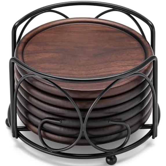 Wood Coasters with Metal Holder, Set of 6 Walnut Wooden Coaster Tabletop Protection for Drinks Coffee Table Home Kitchen Office Bar Living Room Decor Housewarming Gifts Wedding Party, 4 Inch