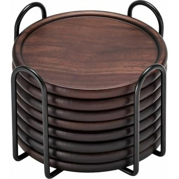 Wood Coasters with Metal Holder, Set of 8 Walnut Wooden Coaster Tabletop Protection for Drinks Coffee Table Home Kitchen Office Bar Living Room Decor Housewarming Gifts Wedding Party, 4 Inch