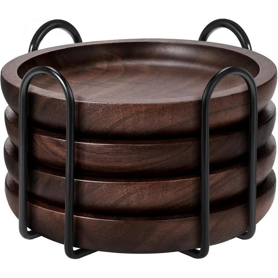 Wood Coasters Set of 4 with Holder, 4 Inch 100% Natural Walnut Wooden Drink Coasters for Housewarming Gifts New Home, Gifts, Coffee Table, Office, Home Decor, Bar, Christmas