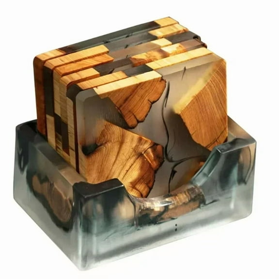 Wood Coasters Set with Epoxy Resin - Modern Holder for Drinks, Includes 6 and