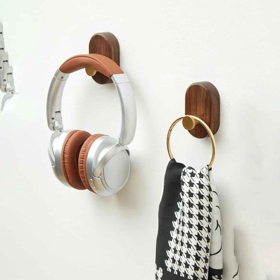 Wood Coat Hooks Wall Mount - Modern Walnut Coat Hook with Bronze Accent for Hanging Clothes, Keys, Purse, Robes, Towel, Backpacks, Single Brass Wall Hooks for Entryway, Closet, Bathroom