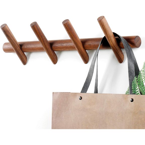 Wood Coat Hooks Wall Mounted Hat Rack Tower Hanger Wall Hooks Decorative Hanger with Pegs Entryway Bedroom BathroomBlack Walnut,4 Hooks