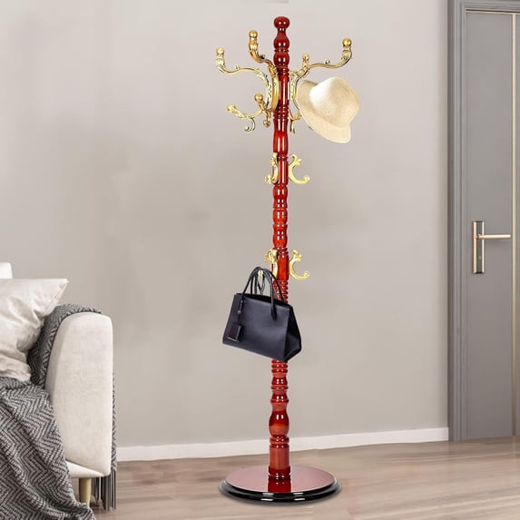 Wood Coat Rack Freestanding, Entryway Coat Rack With 14 Hooks, Adjustable Coat Standing Tree Easy Assembly for Coats for Entry Ways, hallways, bedrooms and Offices (Begonia color)