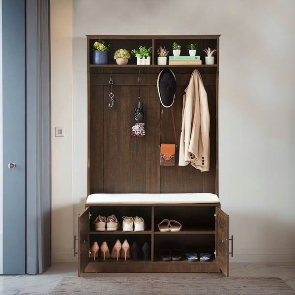 Wood Coat Rack, Storage Shoe Cabinet, with Clothes Hook, with Sponge Pad Product, Multiple Storage Racks, bedroom, porch wardrobe storage rack, Dark Colour