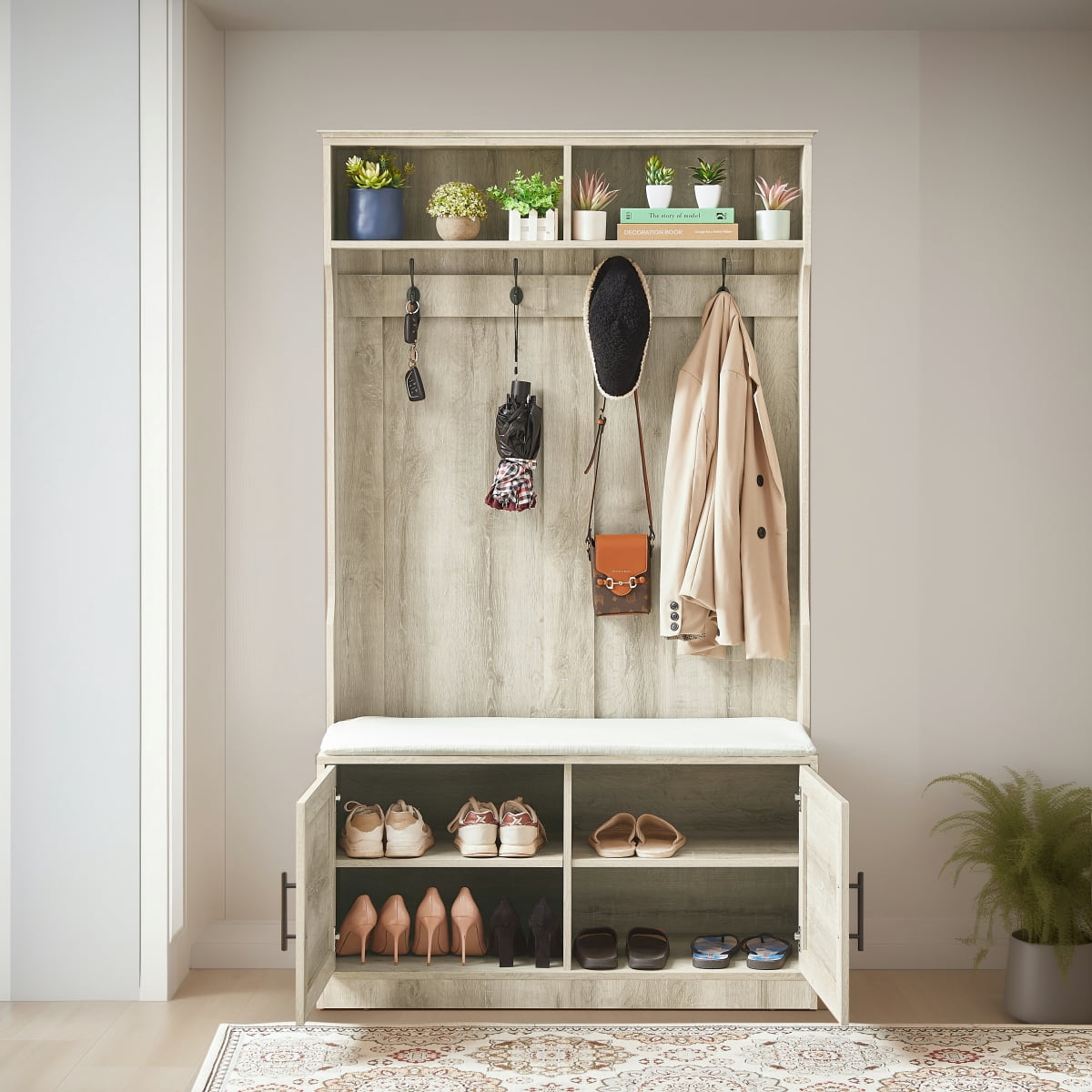 Wood Coat Rack, Storage Shoe Cabinet with Clothes Hook & Sponge Pad Product, Multiple Storage Racks Bedroom Porch Wardrobe Storage Rack, Beige
