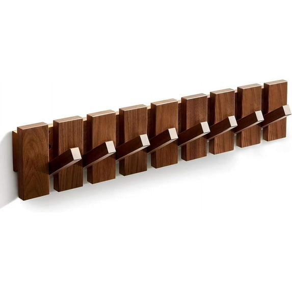 Wood Coat Rack Wall Mounted, Coat Hooks Wall Mount, Flip Down Entryway Wall Art Rack wtih 8 Hooks for Hanging Coats Keys Hats Towels Bags, Walnut