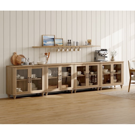 WAMAPT Sideboard Buffet Cabinets with 8-Glass Door, Kitchen Storage Cabinets, Wood Coffee Bar Tables with Adjustable Shelf, Accent Sideboard Storage Cabinet Table Dining Room, Living Room,Oak (4 PCS)