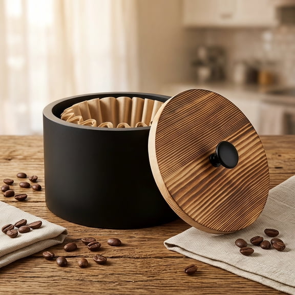 Wood Coffee Filter Holder Countertop Storage Container for Cone, Basket & Flat-Bottom Filters, Rustic Coffee Bar Decor Accessory (Black)