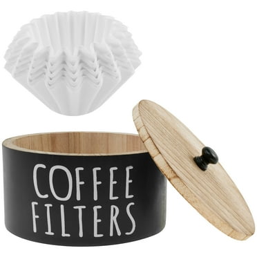 Wood Coffee Filter Holder with Lid and 50 Pcs Coffee Filters Round Pod Organizer Large Capacity Tea Bag Organizer for Bar Counter Decor
